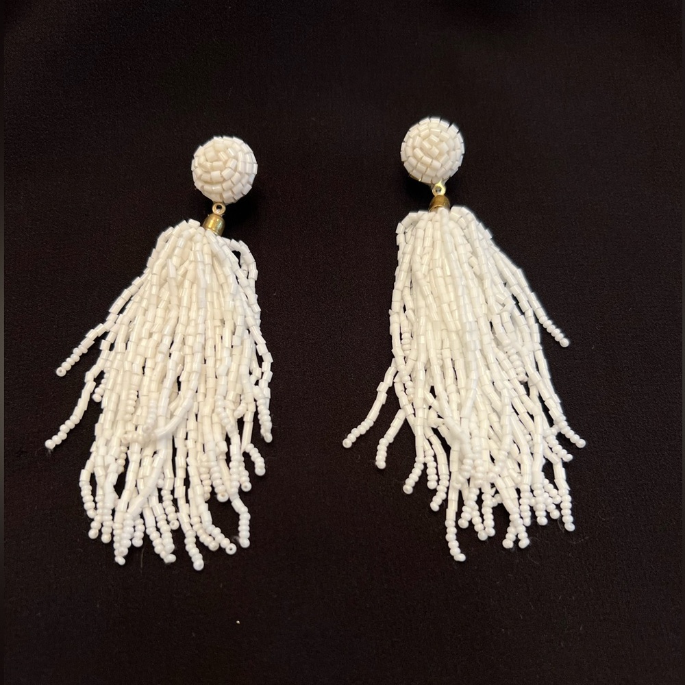 Bold White Beaded Tassel Earrings